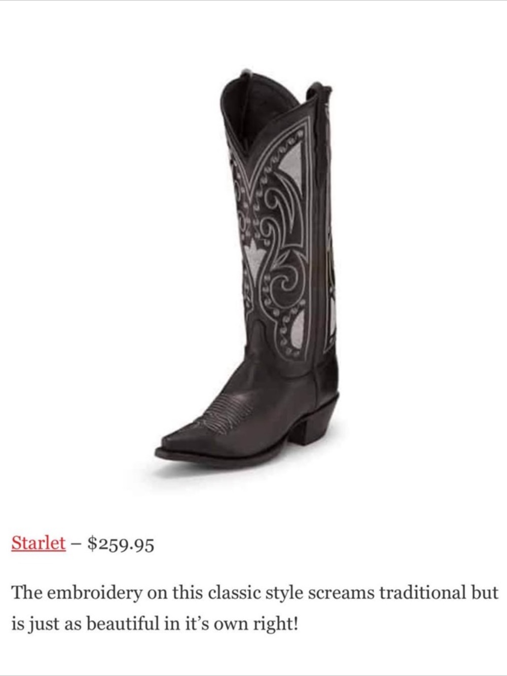 Reba Justin Boots Startlet Snip Toe Embroidered Black & White Women Cowboy Boots